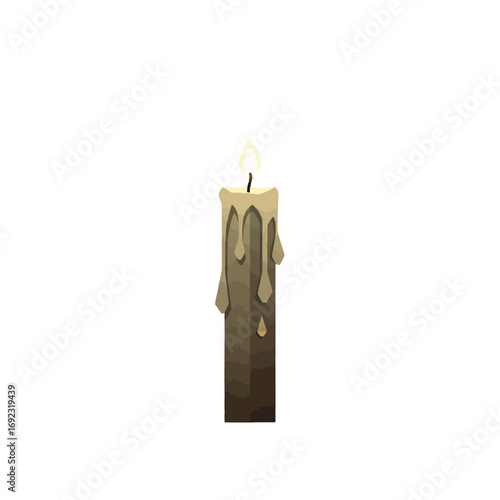 A single burning candle with melted wax drips on a white background.