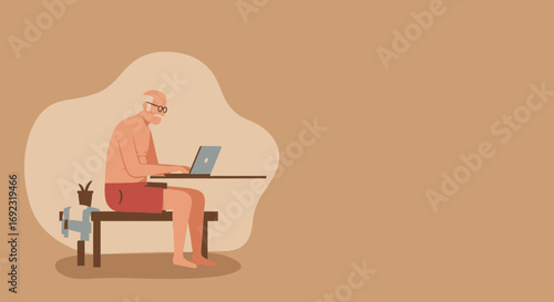 An elderly man in swim trunks works remotely on his laptop, enjoying a relaxed lifestyle. Perfect for themes of senior tech use, retirement, or digital nomadism.
