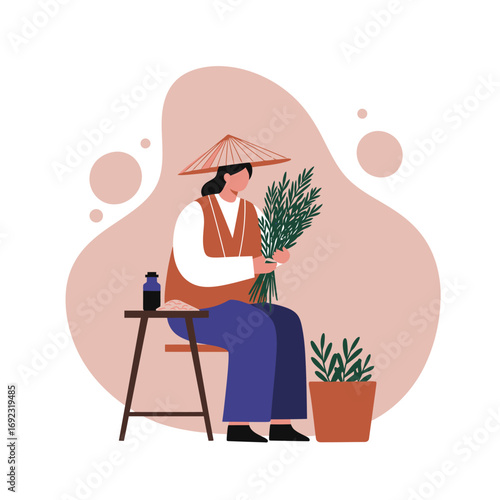 Traditional Asian woman carefully preparing fresh green herbs for natural remedies or wellness products, embodying health, culture, and sustainable living.