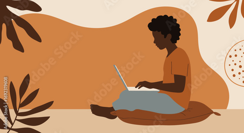 Young person focused on a laptop, working or studying remotely in a comfortable, minimalist home environment. Ideal for themes of online education, digital nomad, freelance, or modern lifestyle.