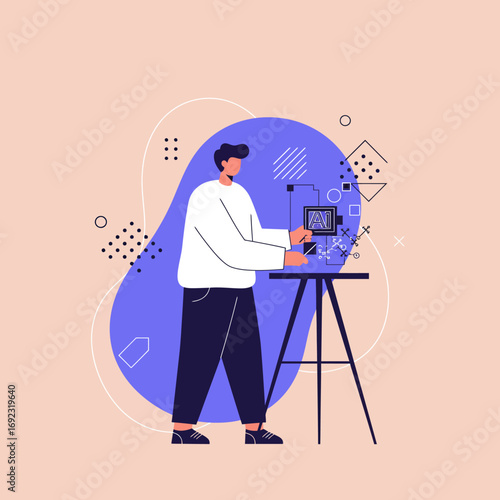 Person interacting with an advanced AI system on a stand, symbolizing technological innovation, machine learning, and data processing for future business and development.