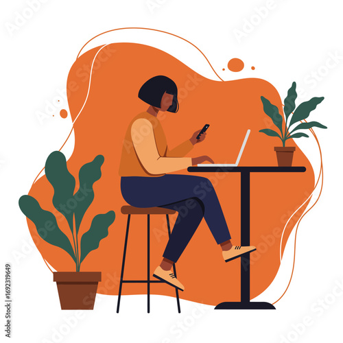 Young woman multitasking with laptop and smartphone in a modern setting. Ideal for remote work, digital communication, and connected lifestyle concepts.