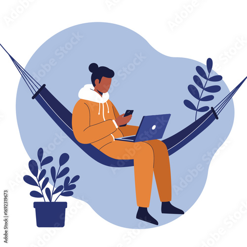 Person relaxing in a hammock, working remotely on a laptop and smartphone. Represents flexible work, digital nomad lifestyle, and leisure.