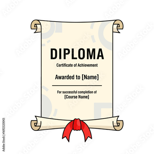 Illustration of a diploma certificate on a scroll with a red ribbon in a classic, elegant style.