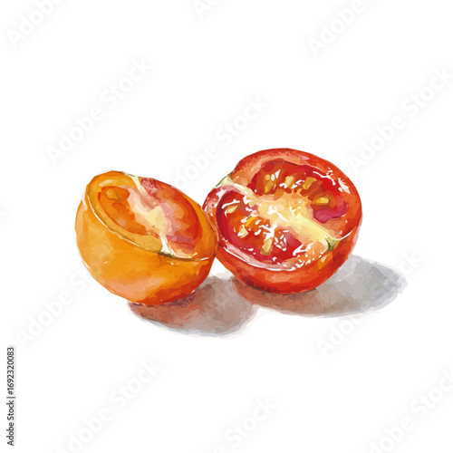 vector illustration, painting design, and EPS format design. vector illustration, isolated on a white background, Mine Watercolor, hand-painted halved cherry tomatoes painting illustration
