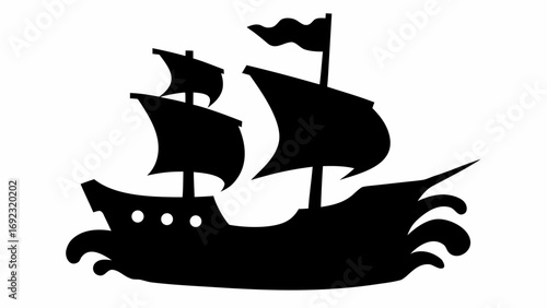 Silhouette of a sailing ship with three sails and a flag sailing on wavy water on a white background