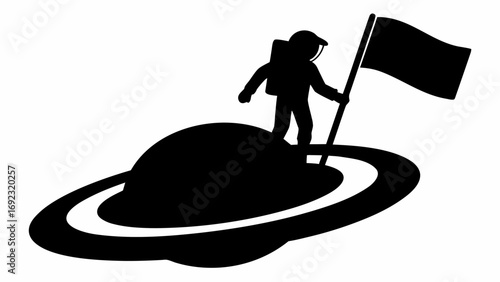 Astronaut silhouette planting flag on a planet with rings in a black and white space exploration scene