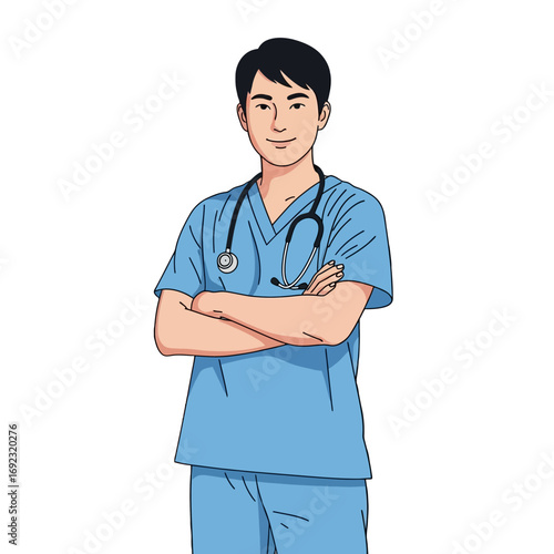Illustration of a confident Asian male doctor in blue scrubs with a stethoscope standing with arms crossed against a white background.
