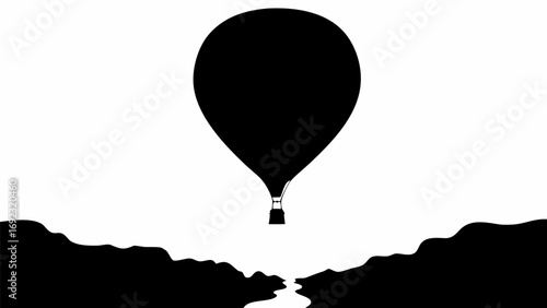 Silhouette of hot air balloon over a river valley landscape in black and white illustration art