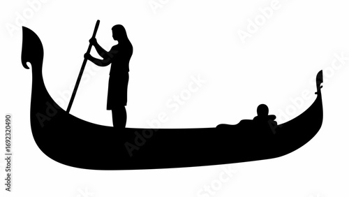 Silhouette of a gondola with a standing figure and a reclining passenger on a white background scene