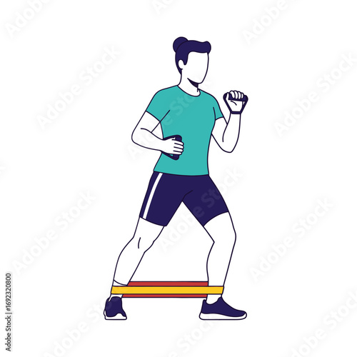Illustration of a man exercising with a resistance band in a fitness pose.