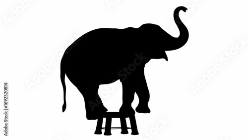 Silhouette of an elephant standing on a small stool with its trunk raised in the air in black and white