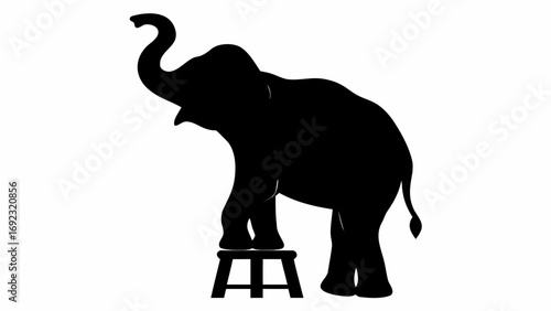 Silhouette of an elephant standing on a small stool with its trunk raised in the air in black and white