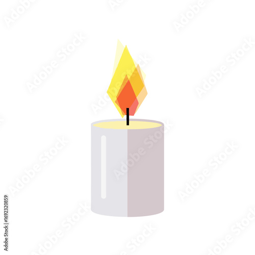 Flat illustration of a lit candle with a vibrant yellow and orange flame on a white background.