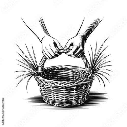 Hands weaving a wicker basket with natural materials for craftsmanship and tradition white background