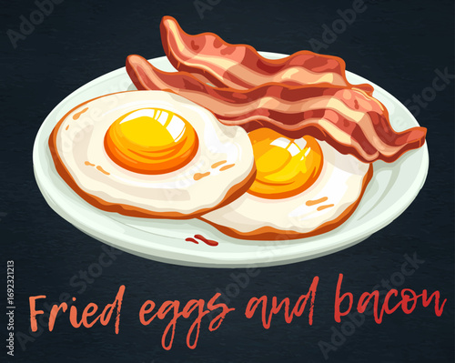 Classic American breakfast of fried eggs and crispy bacon vector icon isolated on black chalkboard. Two sunny side up fried eggs and slices of crispy bacon illustration