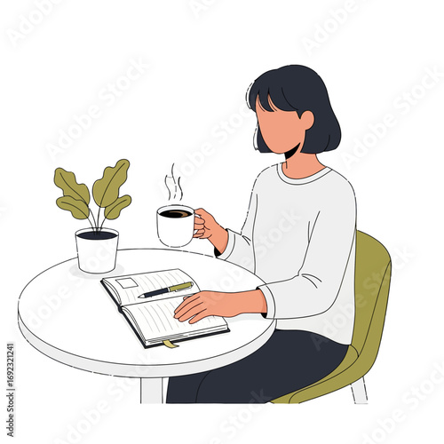 Woman sitting at a table with a cup of coffee and notebook