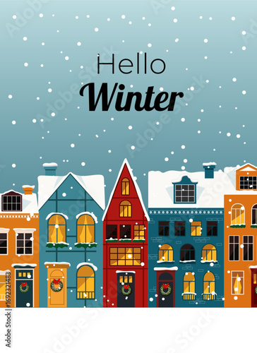 Festive hello winter card with colorful snowy houses, snowflakes, and cozy seasonal mood.
