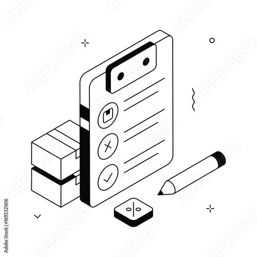 Isometric Illustration of a Checklist with Shipping Boxes and Pencil
