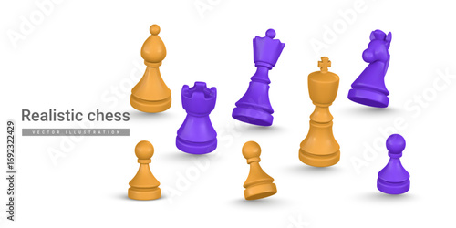 Chess Pieces Realistic 3D Render in Purple and Gold Colors, Dynamic Composition with Shadows on White Background. Vector Illustration