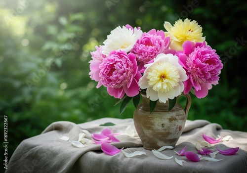 Vibrant peony bouquet in a rustic vase on a table, captured in natural light.