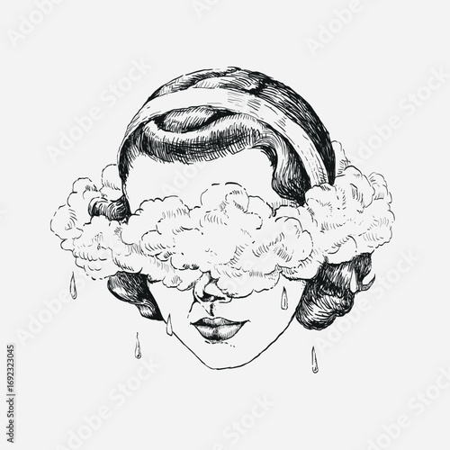 Vintage woman head with eyes covered by clouds raining.  