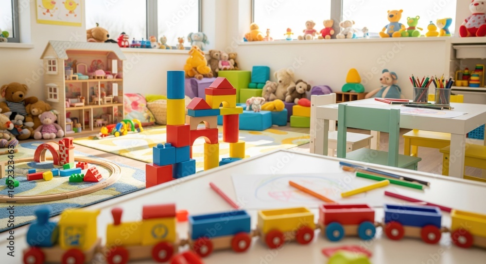Fototapeta premium Bright, child-friendly playroom filled with colorful toys, blocks, trains, and stuffed animals. A space designed for early childhood learning and development