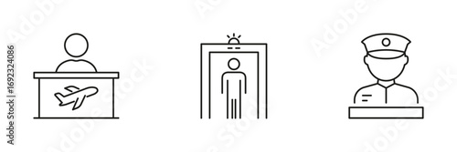 Airport Security And Check-In Line Icon Set. Travel Safety, Passenger Screening, And Customs Control Outline Symbol Collection. Editable Stroke. Isolated Vector Illustration