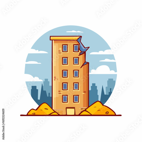Cartoon illustration of a destroyed apartment building in a ruined city after a disaster