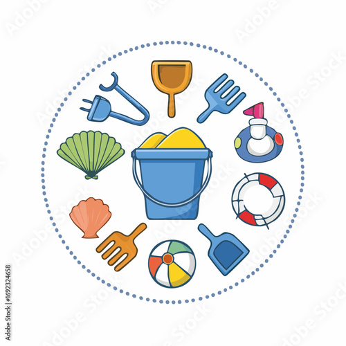 Beach theme set of illustrations with toys, objects and seashells, in a circle