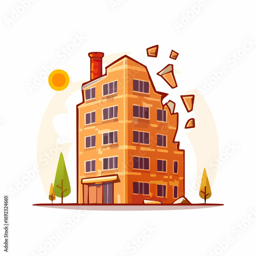 Stylized orange apartment building with crumbling facade and a sunny sky