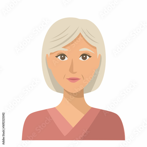 Illustration of an elderly woman with white hair and a pink shirt looking directly at the viewer, representing aging and female portrait