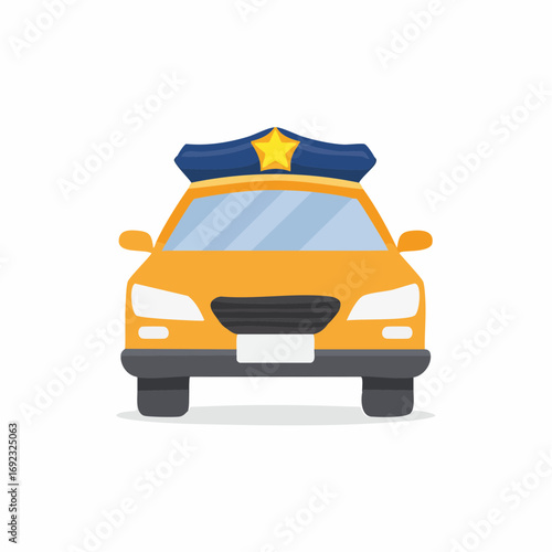 Yellow police car with a badge on top. Cartoon style illustration of law enforcement.