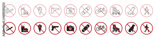 No Entry Prohibition Signs Icon Set. Smoking, Food, Photography, Weapons, Skateboarding, Cycling and Rollerblading Restriction Symbols. Public Space Rules. Isolated Vector Illustration