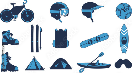 Collection of outdoor activities equipment in vector format offering a blue palette creating a