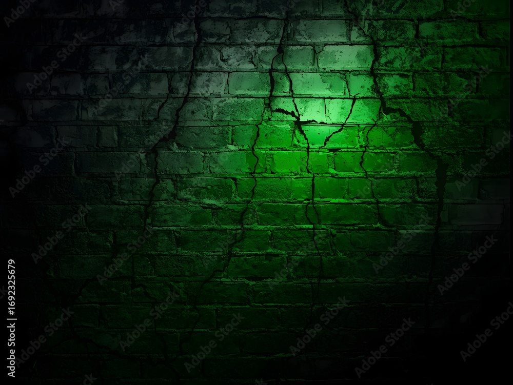 Fototapeta premium Green Light on Cracked Brick Wall