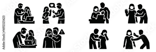 Workplace harassment and abuse glyph icon set showing inappropriate conduct, bullying, and unwanted advances