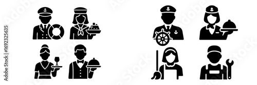 Cruise ship crew and staff glyph icon set showing captain, sailor, stewardess, waiter, waitress, cleaner, and mechanic