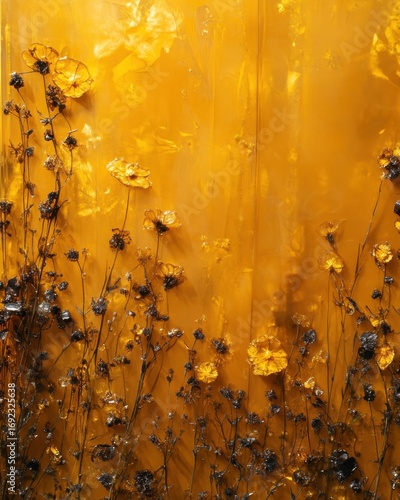Golden meadow flowers in an abstract landscape.