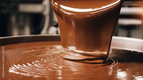 Liquid chocolate being poured into large containers at a confectionery factory during afternoon production