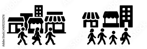 Set of black silhouette icons depicting people walking on a city street past shops and buildings, representing urban life and pedestrians
