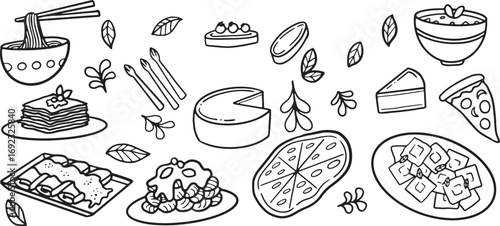 Food Ingredients Doodle Vector – Pizza, Cheese, Pasta, Vegetables, Hand-Drawn Italian Cuisine Elements