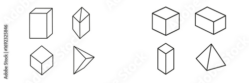 Set of geometric 3D shapes in thin line style including cube, pyramid, and prism shown in isometric projection