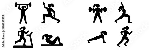 Set of black silhouette icons showing a woman doing various fitness exercises like weightlifting, running, and yoga