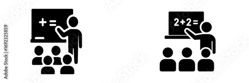 Teacher at blackboard with students in a classroom icon set for education, learning, and mathematics lesson concepts