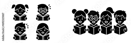 Black and white icon set of happy children reading books, simple glyph style for education, literacy, and learning concepts