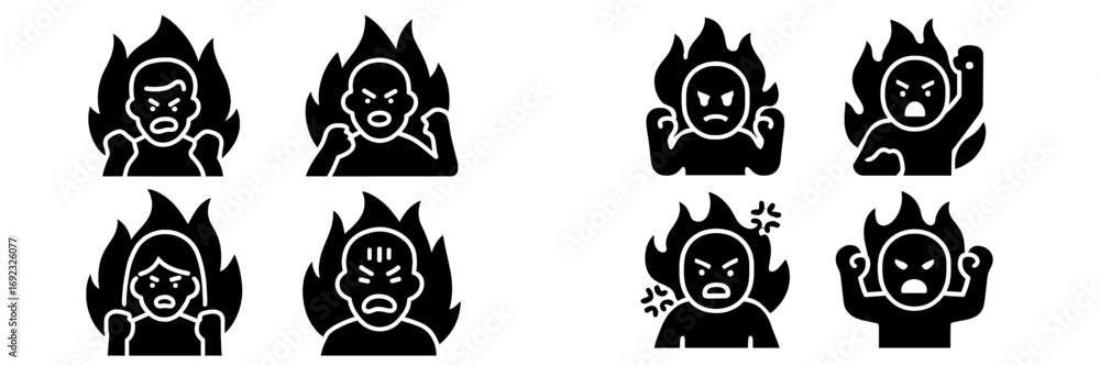 Fototapeta premium Angry person on fire glyph icon set for representing concepts of rage, fury, stress, and negative emotions