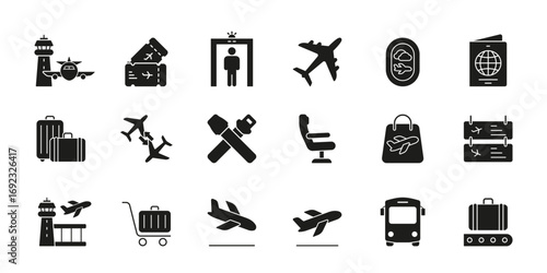 Airport And Travel Icon Set. Aviation, Security, And Passenger Experience Silhouette Symbol Collection. Includes Airplanes, Luggage, Tickets, And Passport Elements. Isolated Vector Illustration