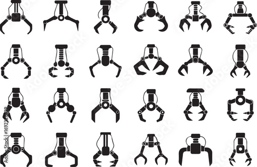 set of mechanical robot claw silhouettes arrayed in 5x5 grid ideal for industrial automation and robotic engineering