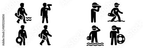 Set of black silhouette icons depicting lifeguards on duty with rescue equipment for water safety and emergency response